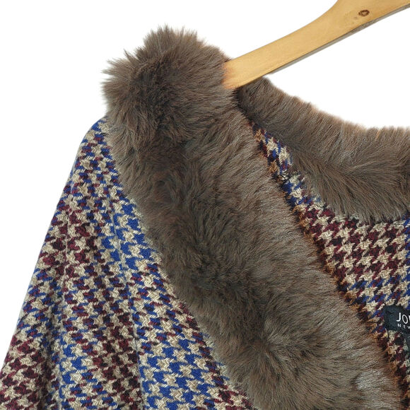 Jones New York Houndstooth Cape Faux Fur Collar Brown and Blue Classic Fall OS - Picture 3 of 13
